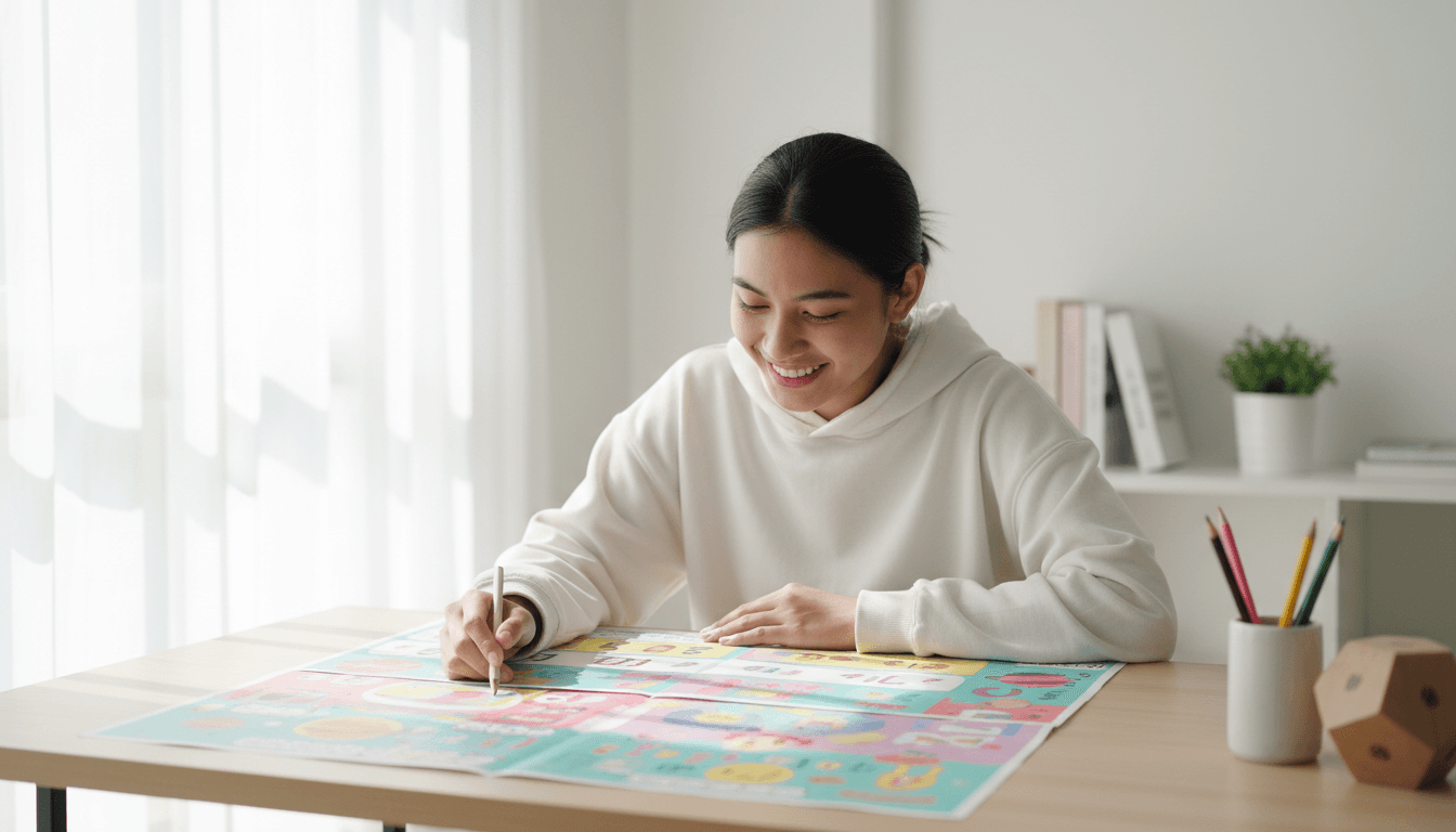 A bright lifestyle medium shot of a young Indonesian student sitting at a desk in a naturally lit room, smiling as they look down at a colorful interactive worksheet spread in front of them.