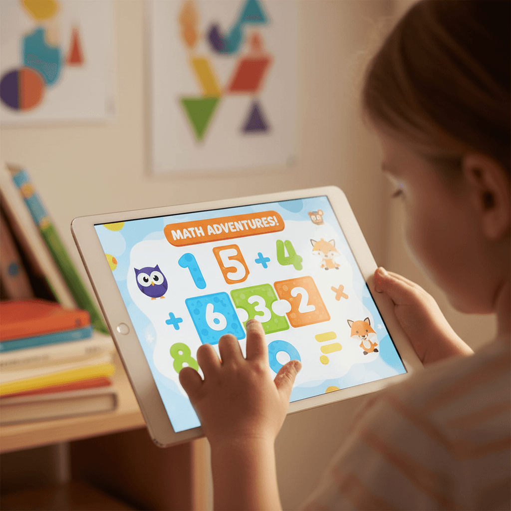 Anak bermain game puzzle matematika interaktif di tablet
