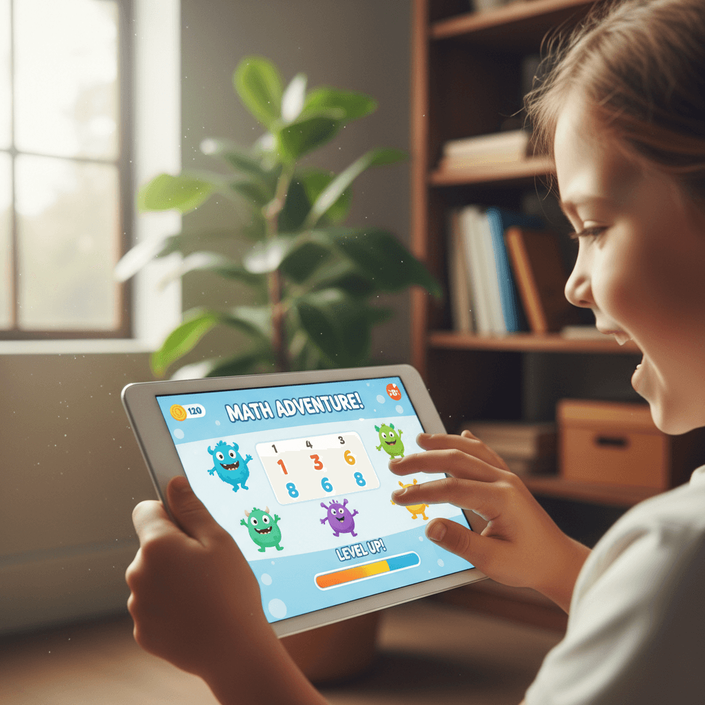 Anak mengerjakan lembar kerja interaktif di tablet
