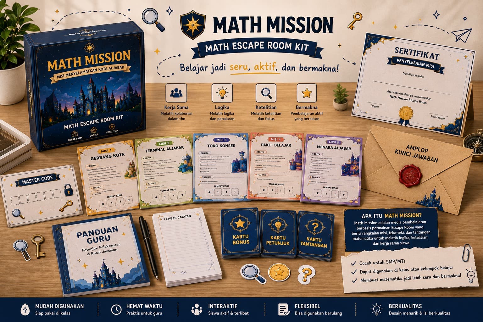 Kit edukasi Math Mission berisi kartu misi, panduan guru, dan sertifikat di atas meja kayu.