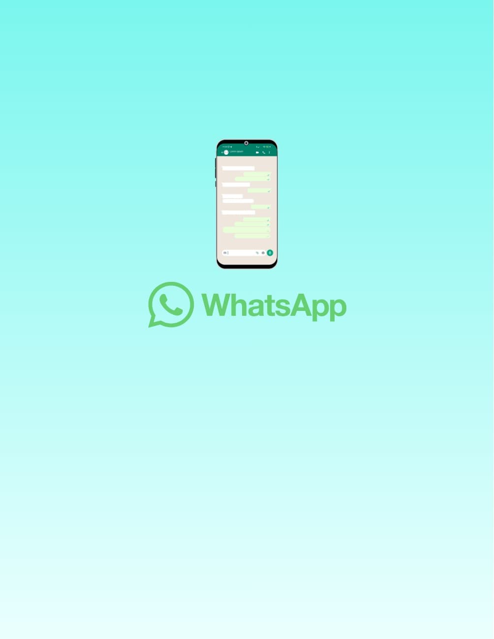 Ponsel pintar menampilkan percakapan WhatsApp di atas logo WhatsApp dengan latar belakang gradasi biru.